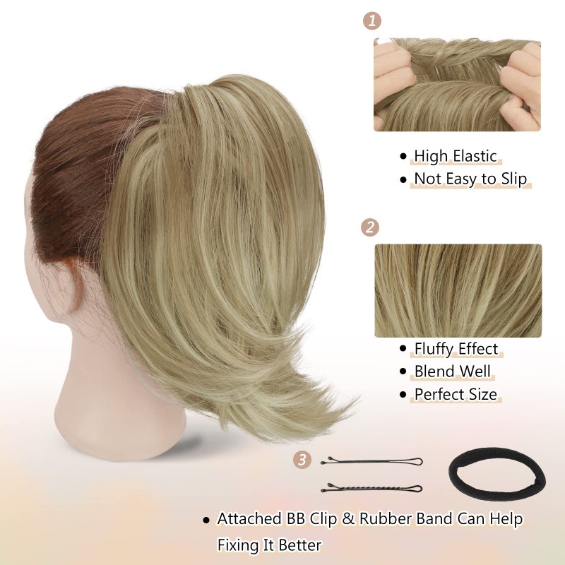 BARSDAR Straight Hair Bun Extensions - Short Straight Ponytail Blonde Hair Bun Extensions for Women, Synthetic Elastic Messy Bun Scrunchies Hairpieces Daily - Light Ash Blonde Mix - Image 3