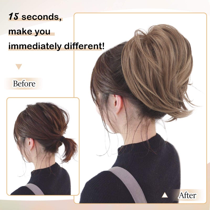 BARSDAR Straight Hair Bun Extensions - Short Straight Ponytail Blonde Hair Bun Extensions for Women, Synthetic Elastic Messy Bun Scrunchies Hairpieces Daily - Light Ash Blonde Mix - Image 5