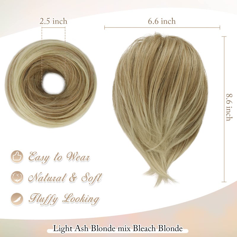 BARSDAR Straight Hair Bun Extensions - Short Straight Ponytail Blonde Hair Bun Extensions for Women, Synthetic Elastic Messy Bun Scrunchies Hairpieces Daily - Light Ash Blonde Mix - Image 2