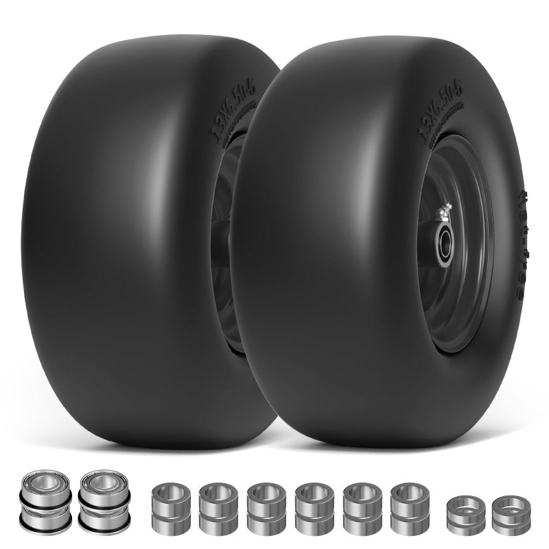 RONPOW 13x6.50-6 Lawn Mower Flat Free Tires and Wheels, 13x6.5-6 Heavy Duty Solid Front Tire for Zero Turn Mowers, 500Lbs Load, Universal 3/4", 5/8" and 1/2" Bearings, 5.51"-7.91" Hub, 2Pack Black - Image 1