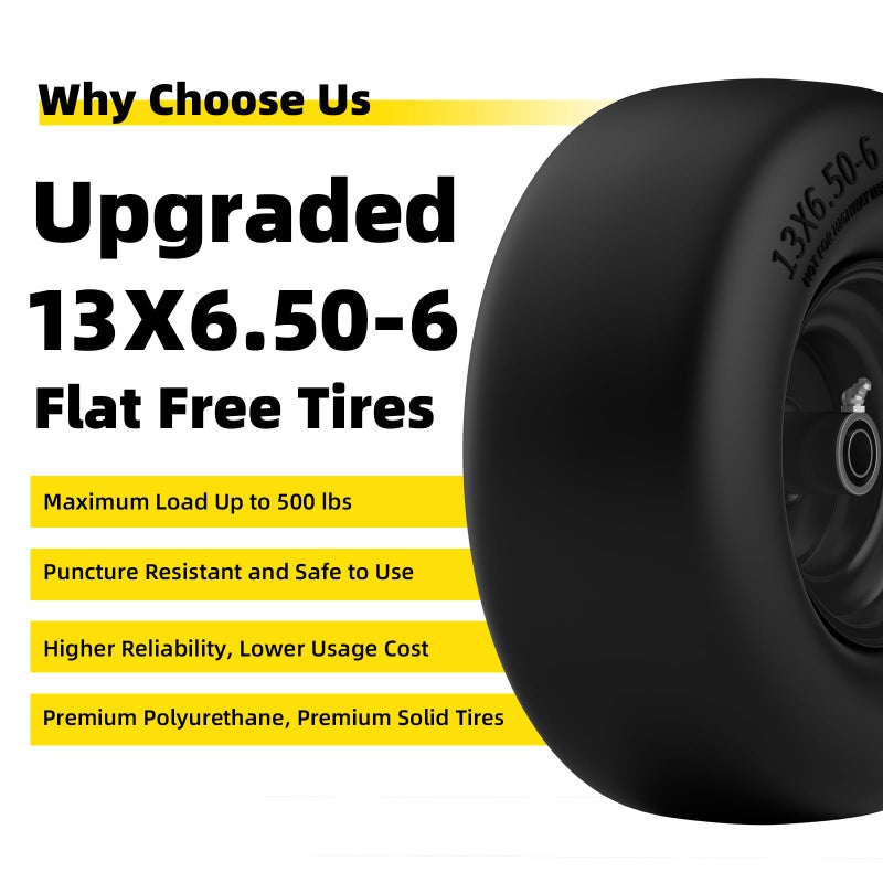 RONPOW 13x6.50-6 Lawn Mower Flat Free Tires and Wheels, 13x6.5-6 Heavy Duty Solid Front Tire for Zero Turn Mowers, 500Lbs Load, Universal 3/4", 5/8" and 1/2" Bearings, 5.51"-7.91" Hub, 2Pack Black - Image 3
