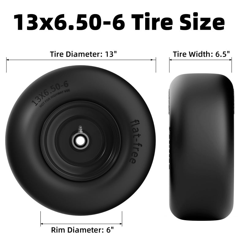 RONPOW 13x6.50-6 Lawn Mower Flat Free Tires and Wheels, 13x6.5-6 Heavy Duty Solid Front Tire for Zero Turn Mowers, 500Lbs Load, Universal 3/4", 5/8" and 1/2" Bearings, 5.51"-7.91" Hub, 2Pack Black - Image 2
