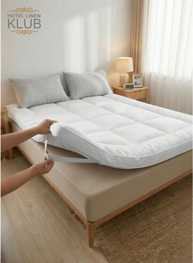 Queen Mattress Topper 160 x 200 cm – Microfiber Stripe Super Soft Fabric, 500GSM Soft, Firm & Extra Thick Fiber Sheet with Highly Elastic Bands, White