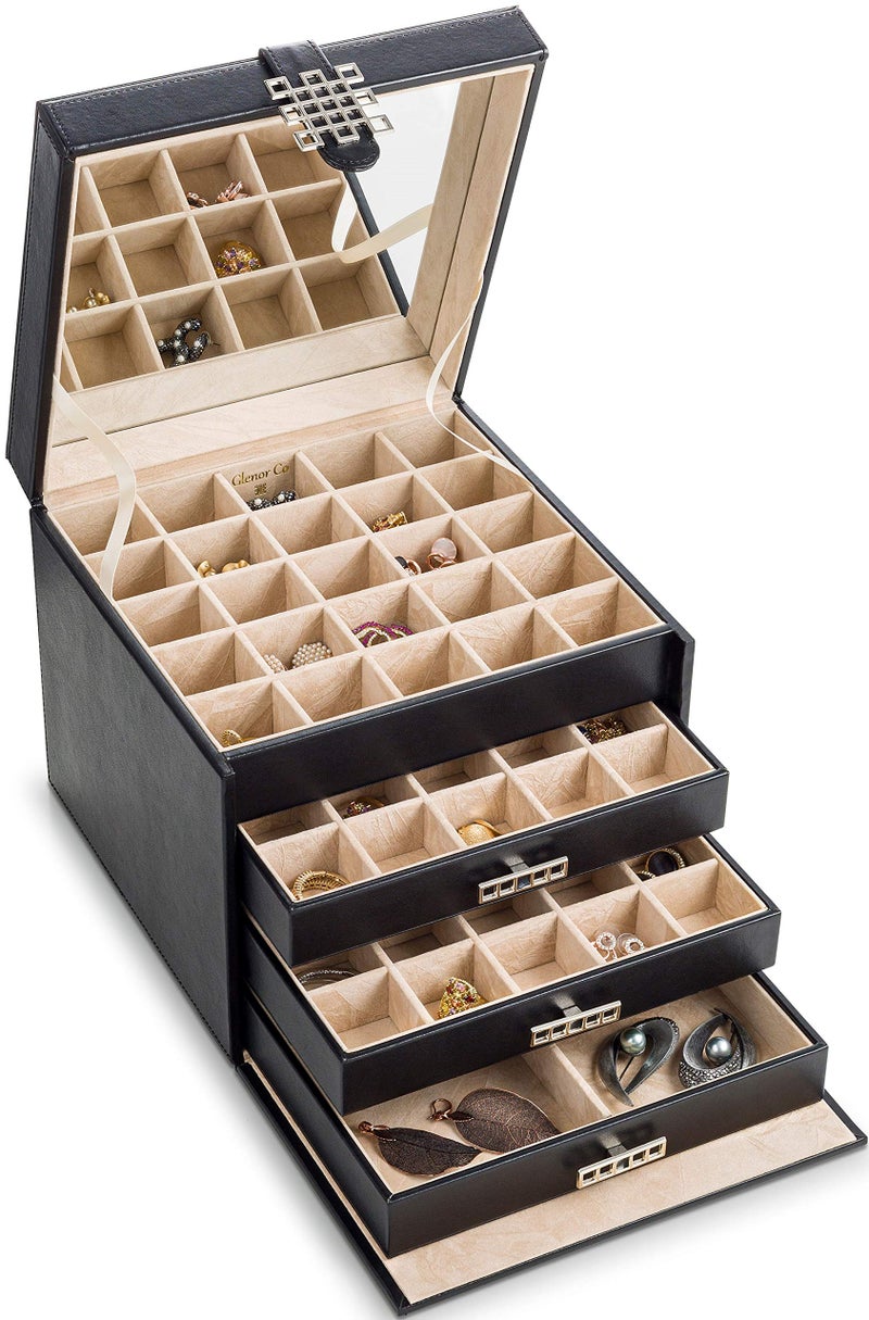 Glenor Co Earring Organizer Holder - 75 Small & 4 Large Slots Classic Jewelry Box with Drawer & Modern Closure, Mirror, 4 Trays Earrings, Ring or Chain Storage - PU Leather Case - Black - Image 1