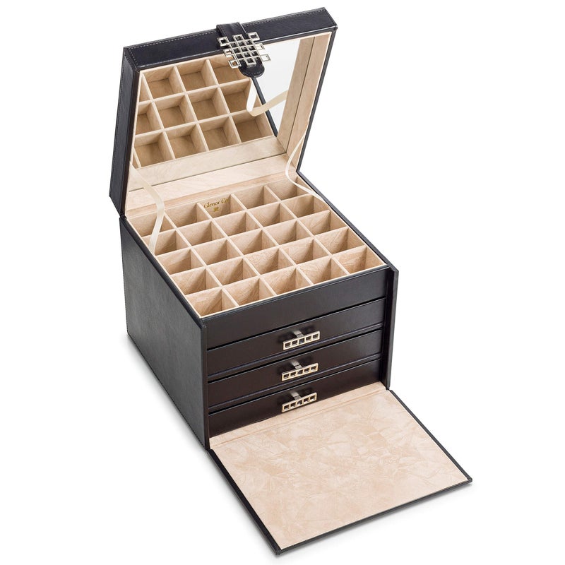 Glenor Co Earring Organizer Holder - 75 Small & 4 Large Slots Classic Jewelry Box with Drawer & Modern Closure, Mirror, 4 Trays Earrings, Ring or Chain Storage - PU Leather Case - Black - Image 3