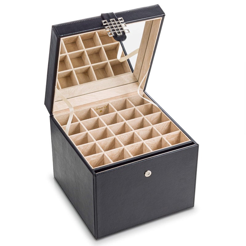 Glenor Co Earring Organizer Holder - 75 Small & 4 Large Slots Classic Jewelry Box with Drawer & Modern Closure, Mirror, 4 Trays Earrings, Ring or Chain Storage - PU Leather Case - Black - Image 2