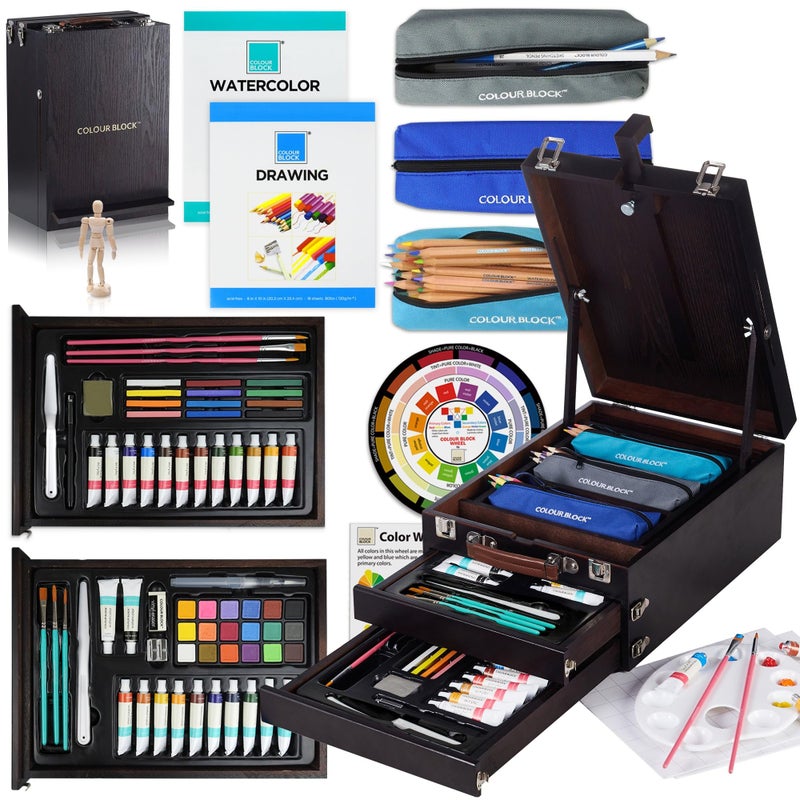 COLOUR BLOCK 152 Wooden Easel Art Supplies Set Professional Painting and Drawing Kit with Acrylic Paints Watercolor Paints Sketch Pad and Pencils for Adults and Mixed Media Artists