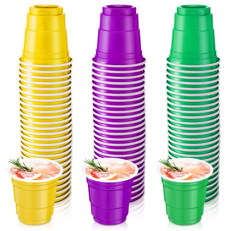 Meanplan 150 Pcs Mardi Gras 2 oz Plastic Shot Glasses Disposable Shot Cups Mini Colorful Small Party Cups for Mardi Gras Party Drinking Tasting Serving Snacks Samples Purple Yellow Green
