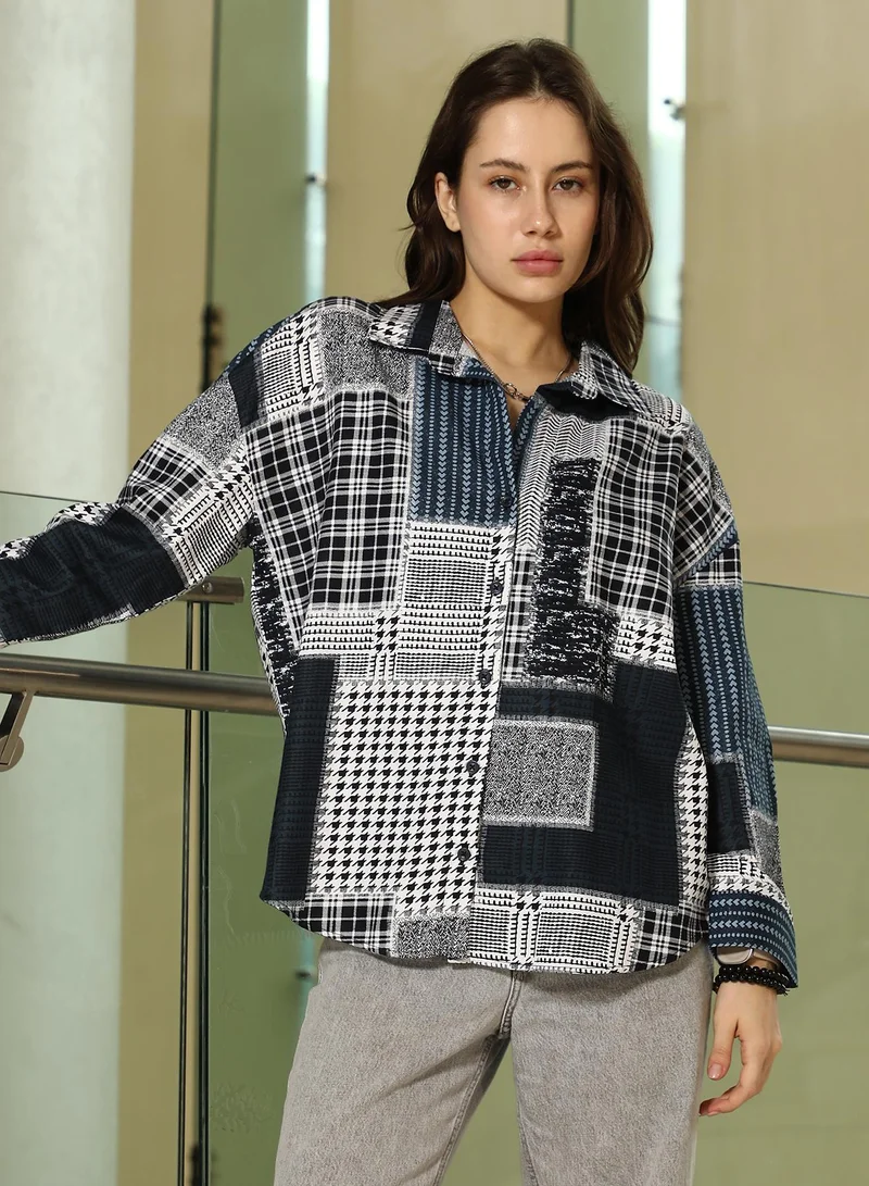 PINACOLADA Pinacolada Women's Navy Blue & Onyx Black Houndstooth-Heart Imprint Oversized Shirt | Spread Collar , Long Cuffed Sleeves , Button Closure | Abstract Print Plain Material | Viscose Shirt For Casual Wear
