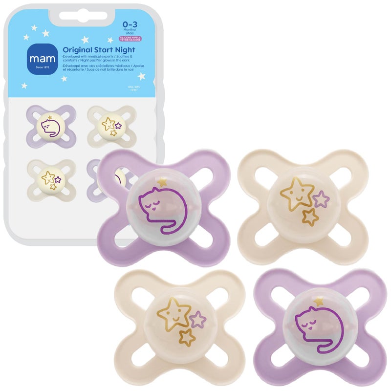 MAM Original Start Night Baby Pacifiers 0-3 Months Newborns, BPA-Free Skin Soft Silicone Nipple, Glows in The Dark, Developed with Medical Experts, 4 Count - Image 1
