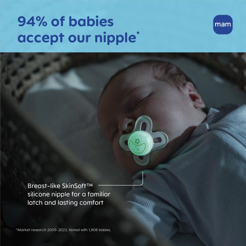 MAM Original Start Night Baby Pacifiers 0-3 Months Newborns, BPA-Free Skin Soft Silicone Nipple, Glows in The Dark, Developed with Medical Experts, 4 Count - Image 5