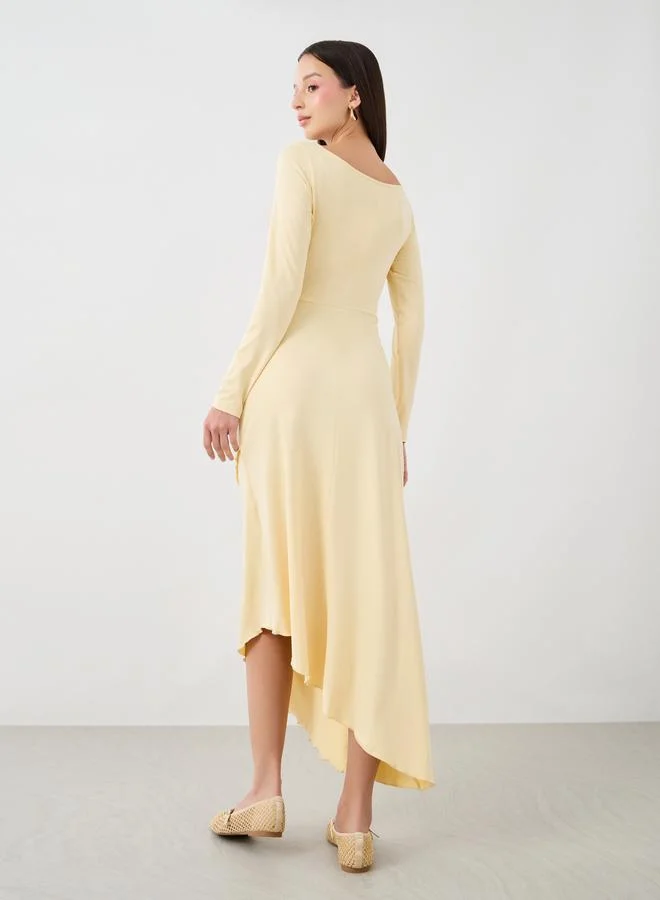 Take Two Take Two Solid Gathered Waist Asymmetric Hem Midi Dress