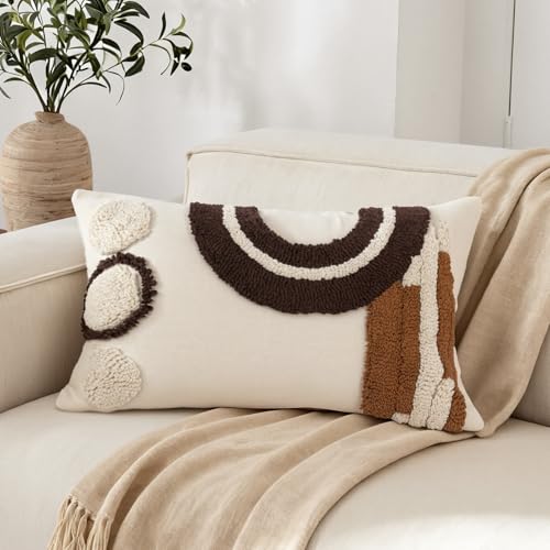 RinRinfam Boho Abstract Tufted Lumbar Pillow Cover 12x 20, Geometric Rainbow Cottagecore Decor Linen Pillow Cushion Case, Neutral Accent Farmhouse Home Decor for Outdoor Couch Bedroom Car Brown - Image 1