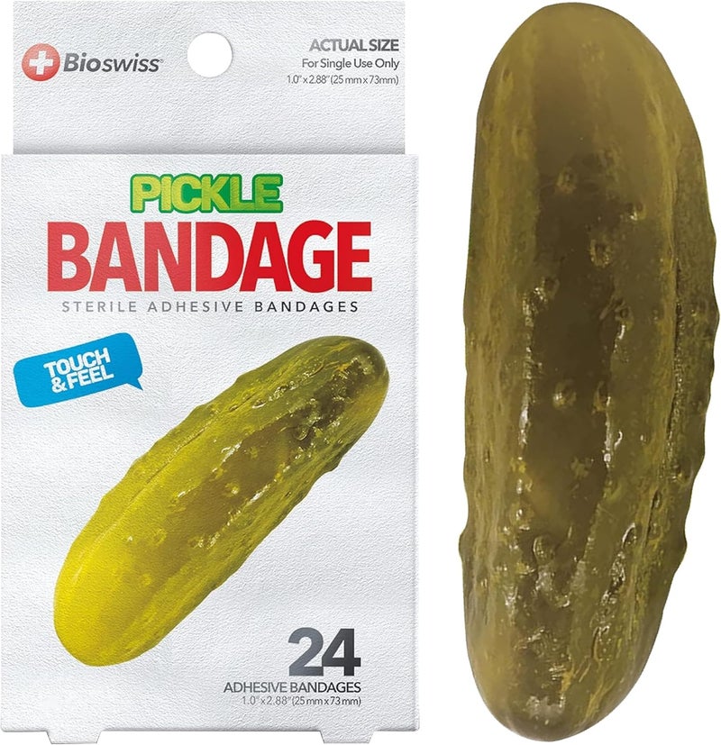 BioSwiss Bandages Pickle Shaped Self Adhesive Bandage Latex Free Sterile Wound Care Fun First Aid Kit Supplies for Kids 24 Count - Image 1