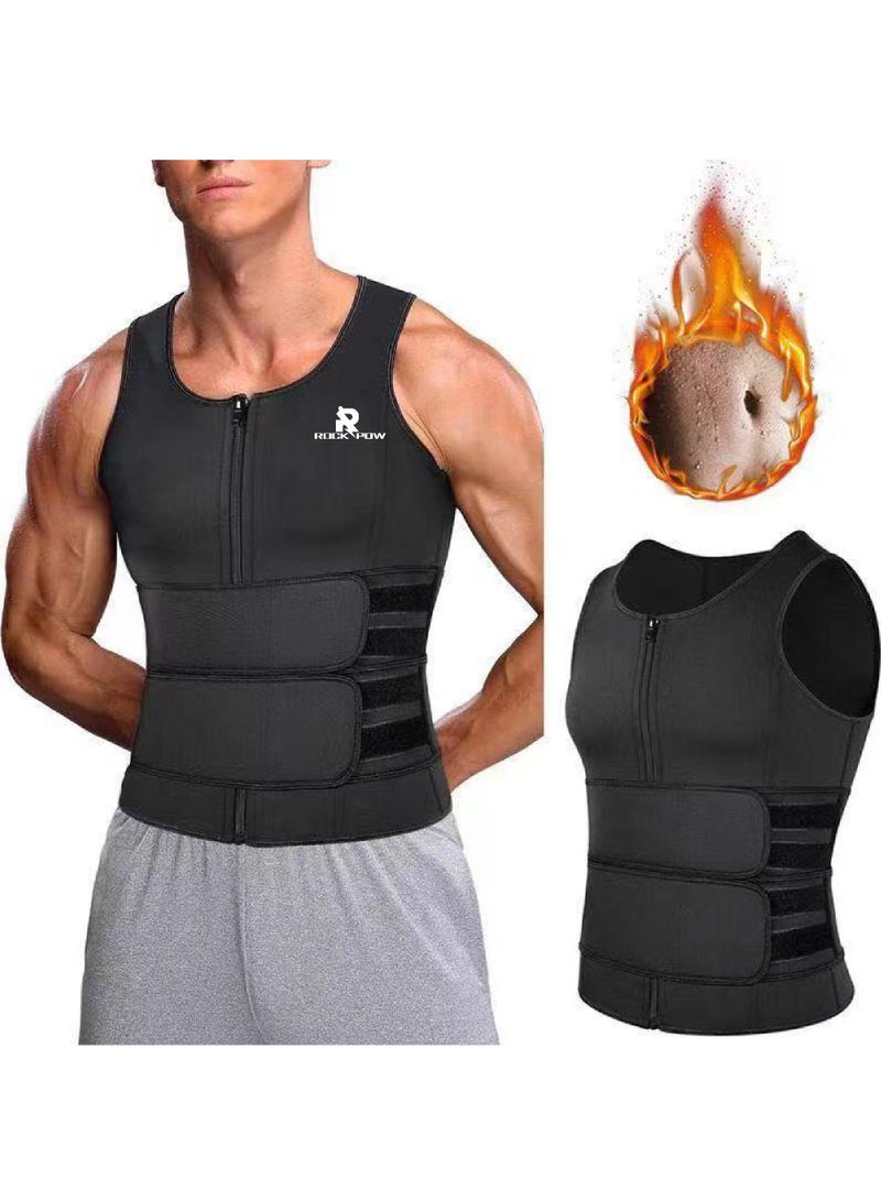 Rock Pow Men Neoprene Sauna Suit Waist Trainer Vest Zipper Tank Top Trimmer Body Shaper Workout Suit Zipper Shapewear Vest Sweat Belt Body Shaper for Belly Fat Slimming Gym Workout  - Image 1