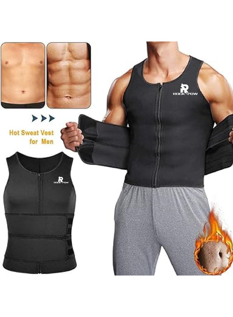 Rock Pow Men Neoprene Sauna Suit Waist Trainer Vest Zipper Tank Top Trimmer Body Shaper Workout Suit Zipper Shapewear Vest Sweat Belt Body Shaper for Belly Fat Slimming Gym Workout  - Image 2