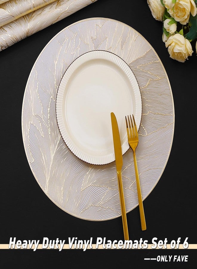 FAVE 6PCS Round Placemats Feather Pressed Vinyl Placemats Set of 6 Slip Resistant Table Mats Wipeable Gold Placemats for Table Decor Holiday Wedding Accent(15IN,Feather) - Image 3