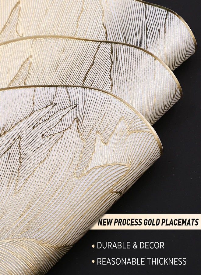 FAVE 6PCS Round Placemats Feather Pressed Vinyl Placemats Set of 6 Slip Resistant Table Mats Wipeable Gold Placemats for Table Decor Holiday Wedding Accent(15IN,Feather) - Image 2