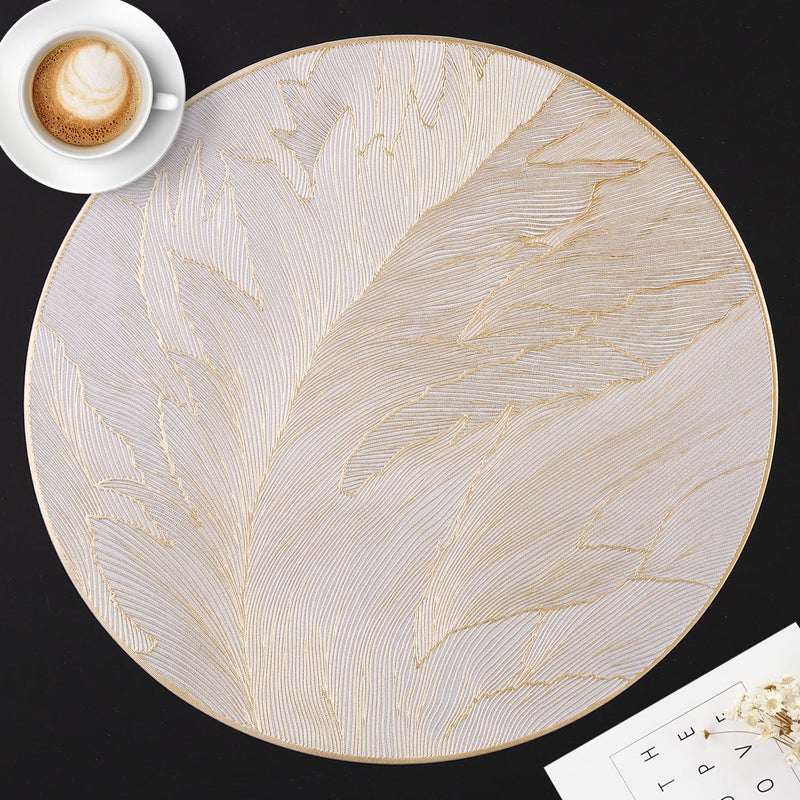 FAVE 6PCS Round Placemats Feather Pressed Vinyl Placemats Set of 6 Slip Resistant Table Mats Wipeable Gold Placemats for Table Decor Holiday Wedding Accent(15IN,Feather) - Image 1