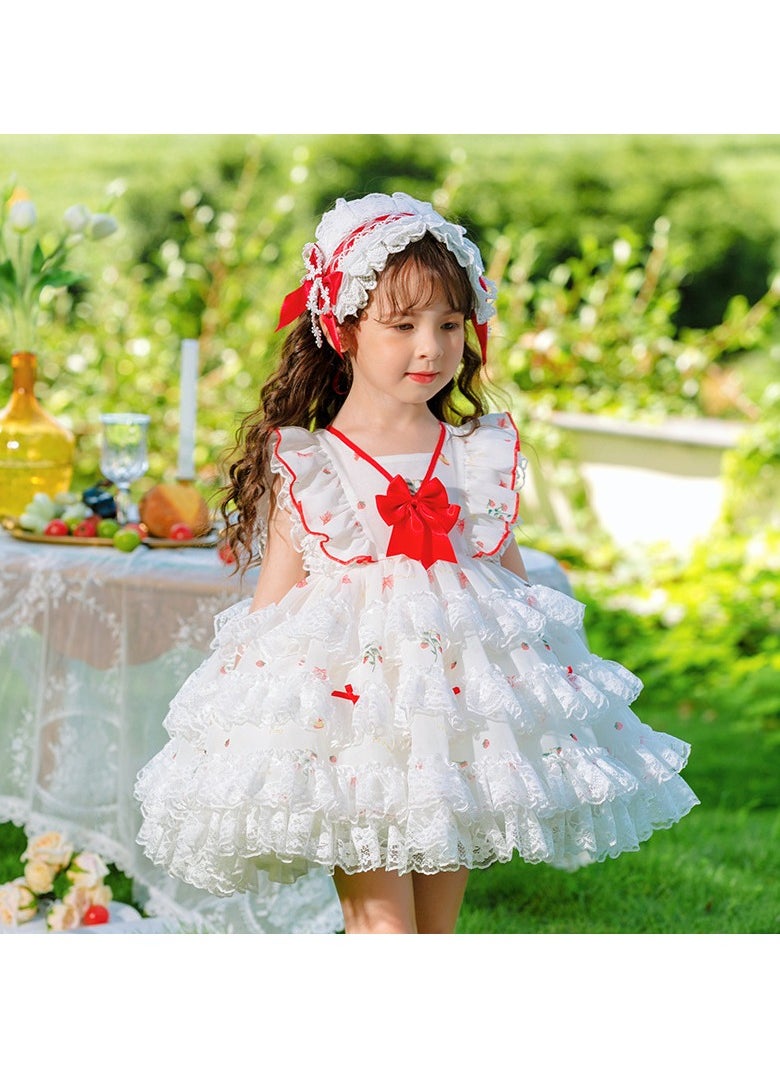 Loquat Girl's Lolita Fluffy Sleeveless Floral Dress White/Red  - Image 1