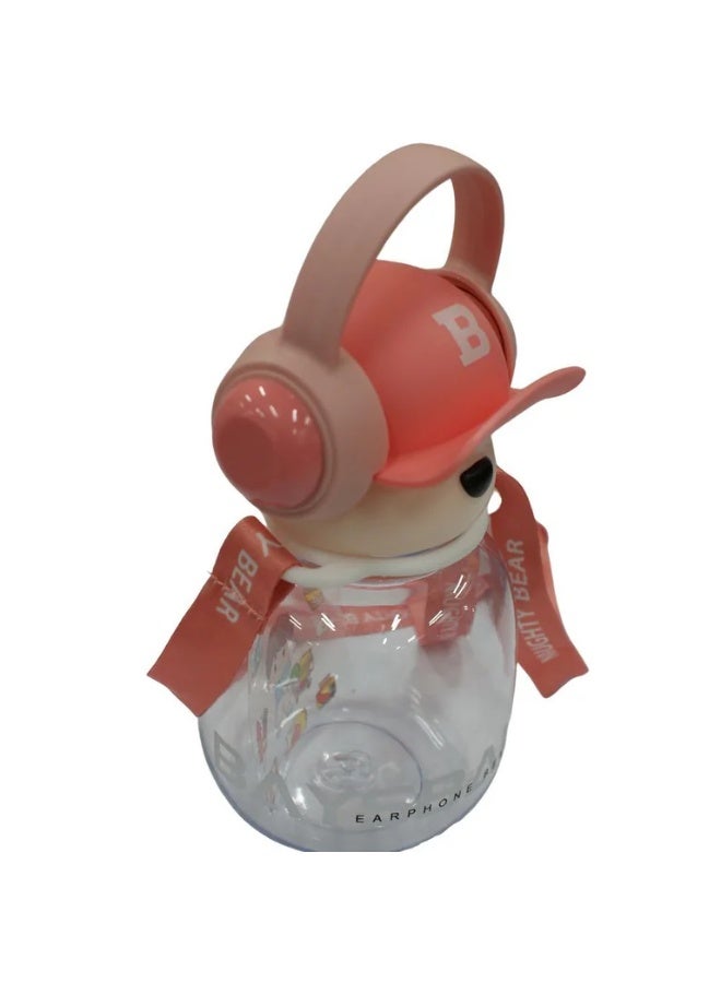 Generic valueable 1 Cute teddy bear design children's water bottle with hat, headphones, and straw - Clear, leak-proof plastic water bottle with shoulder strap - Perfect for school and picnics - Pink - Image 3