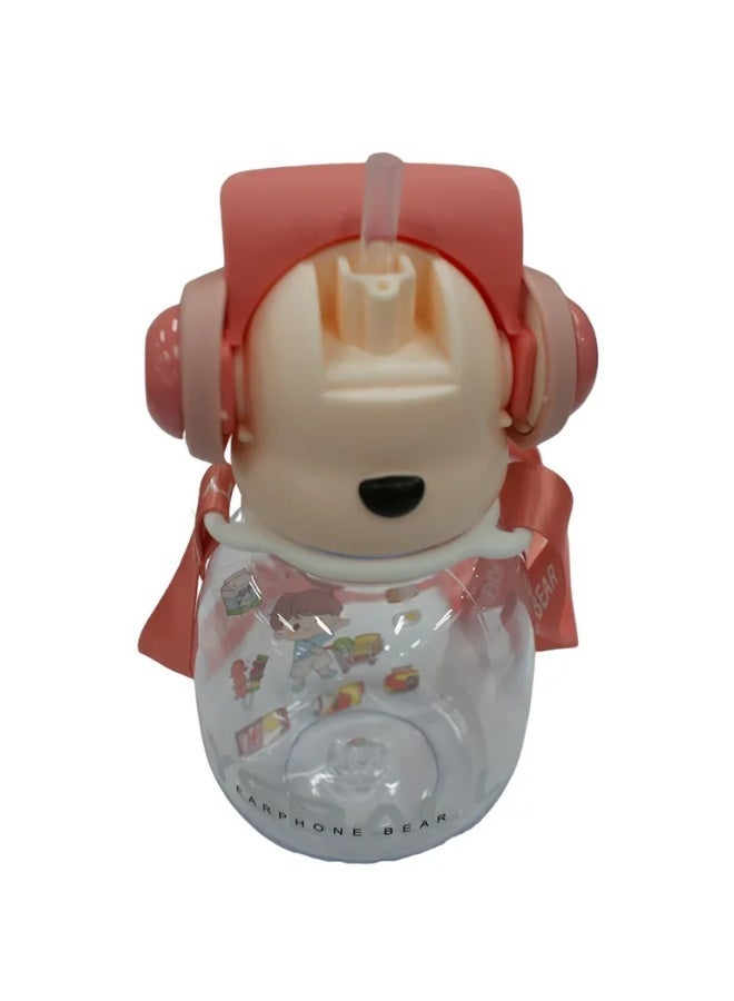 Generic valueable 1 Cute teddy bear design children's water bottle with hat, headphones, and straw - Clear, leak-proof plastic water bottle with shoulder strap - Perfect for school and picnics - Pink - Image 2