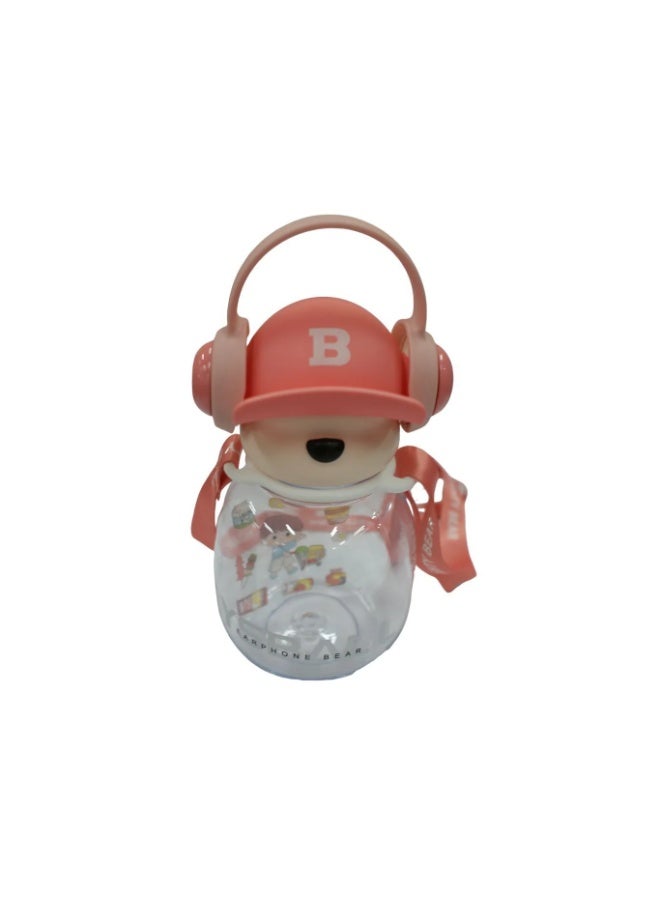 Generic valueable 1 Cute teddy bear design children's water bottle with hat, headphones, and straw - Clear, leak-proof plastic water bottle with shoulder strap - Perfect for school and picnics - Pink - Image 1