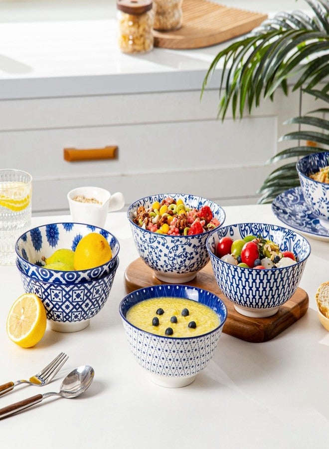 Cerkik Ceramic Soup Bowls Set - 24 Oz Deep Cereal Bowl for Kitchen - 6 Inch Large Porcelain Dinner Bowl Eating Salad Pasta Dessert Oatmeal - Microwave Dishwasher Safe - Set of 6 - Vintage Blue - Image 5