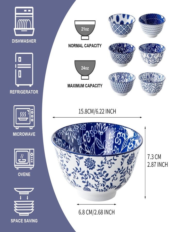 Cerkik Ceramic Soup Bowls Set - 24 Oz Deep Cereal Bowl for Kitchen - 6 Inch Large Porcelain Dinner Bowl Eating Salad Pasta Dessert Oatmeal - Microwave Dishwasher Safe - Set of 6 - Vintage Blue - Image 4