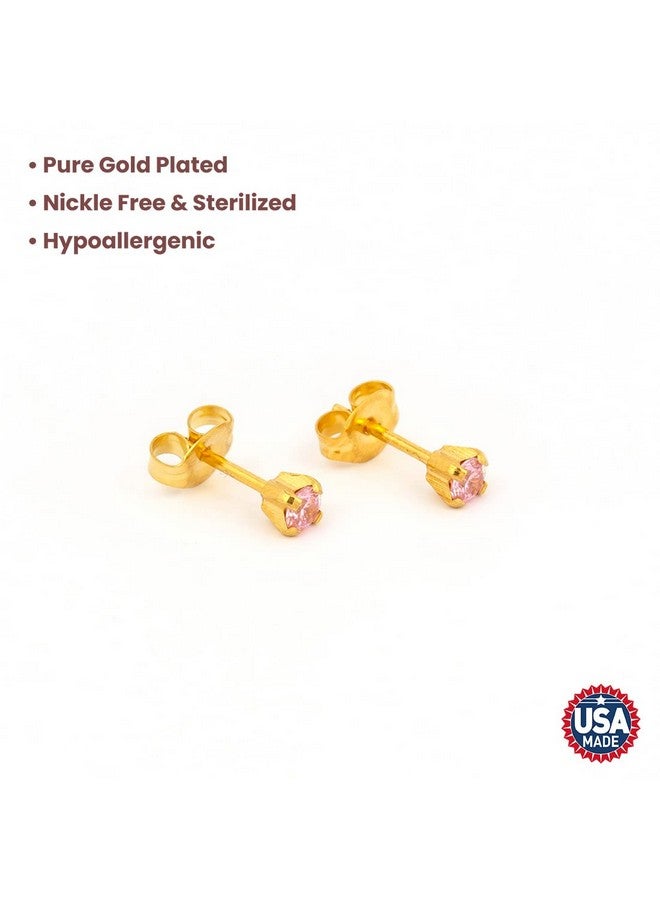 Studex 3MM Pink Cubic Zirconia 24K Pure Gold Plated Ear Studs For Kids - Image 2