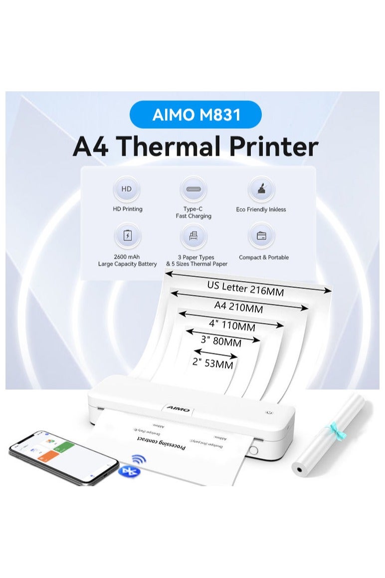 AIMO M831 A4 Thermal Printer Portable Printer A4 Inkless Thermal Printer-Supports - Image 1