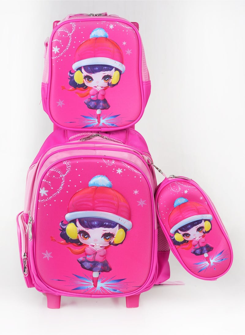 KTMC 3D Cartoon Dancing Girl Triple Set Pen Bag, Lunch Bag, School Trolley Bag for Baby Girls- Fuschia & Pink 9913