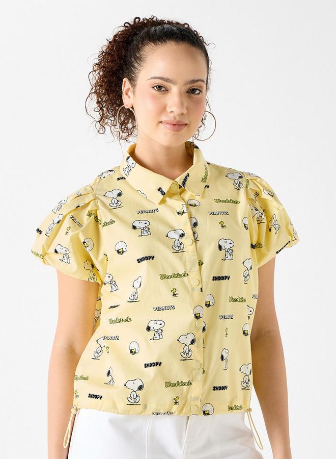 SP Characters Snoopy Print Collar Shirt with Short Sleeves and Toggle Detail - Image 1