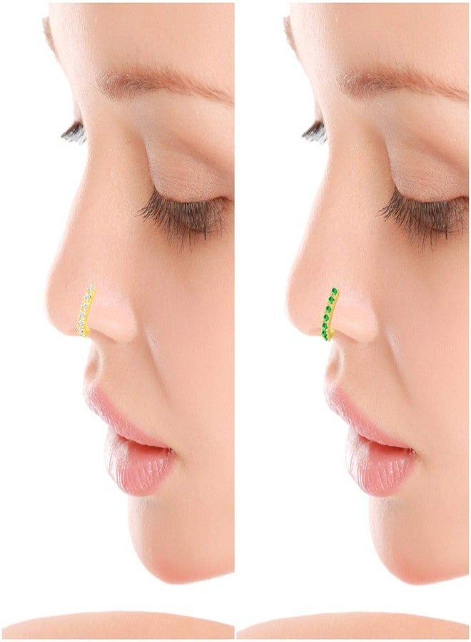 MEENAZ Traditional American diamond Jewellery Sania Mirza Clip on Pressing Type Without Piercing Gold Green Silver AD CZ Nath Nose Ring Press pin Stud for Women Girls Wedding design- NATH COMBO -M156 - Image 2