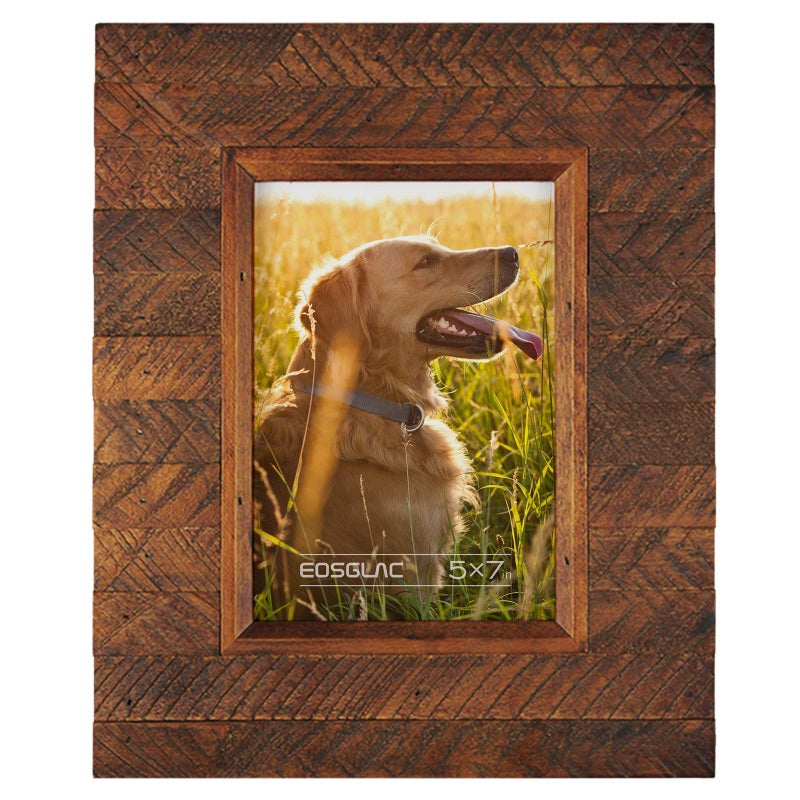 Eosglac Wooden 5x7 inch Picture Frame, Wood Plank Design with Rustic Brown Finish, Wall Mounting or Tabletop Display, Handmade Photo Frame - Image 1