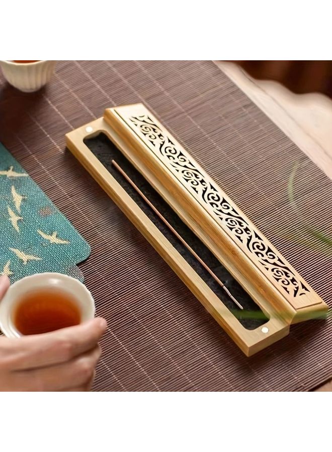 Elegant Small Bamboo Incense Burner with Carvings and Wooden Storage Box - Image 4