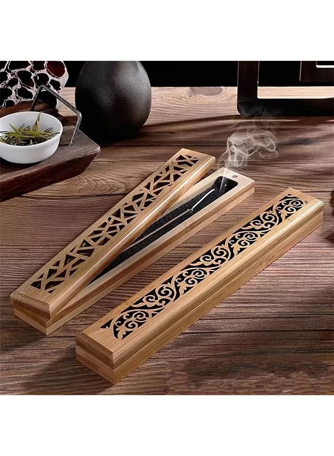 Elegant Small Bamboo Incense Burner with Carvings and Wooden Storage Box - Image 2