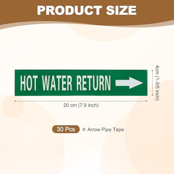 SELF-STICK HOT WATER RETURN PIPE MARKER PIPE FLOW ARROW 1-3/5 X 8 INCH PIPE IDENTIFICATION MARKING LABELS RIGHT-POINTING FOR PIPE FLOW MARKERS WHITE ON GREEN, PACK OF 30 - Image 2