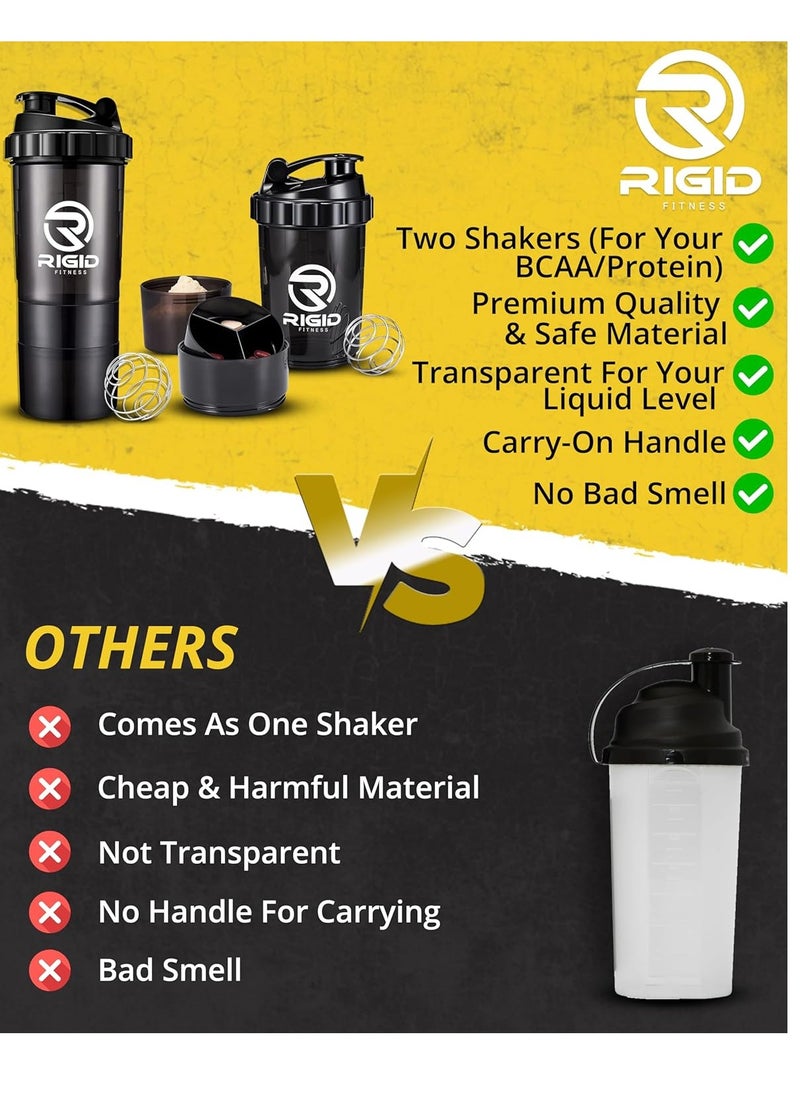 RIGID FITNESS Protein Shakers (2-Pack of 500ml) - Leak-Proof Shaker with Compartments for Powder & Pill Storage - Transparent Mixer - Healthy BPA Free Bottle - Ideal for Exercises (Black/Transparent)  - Image 2