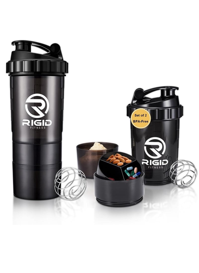 RIGID FITNESS Protein Shakers (2-Pack of 500ml) - Leak-Proof Shaker with Compartments for Powder & Pill Storage - Transparent Mixer - Healthy BPA Free Bottle - Ideal for Exercises (Black/Transparent)  - Image 1
