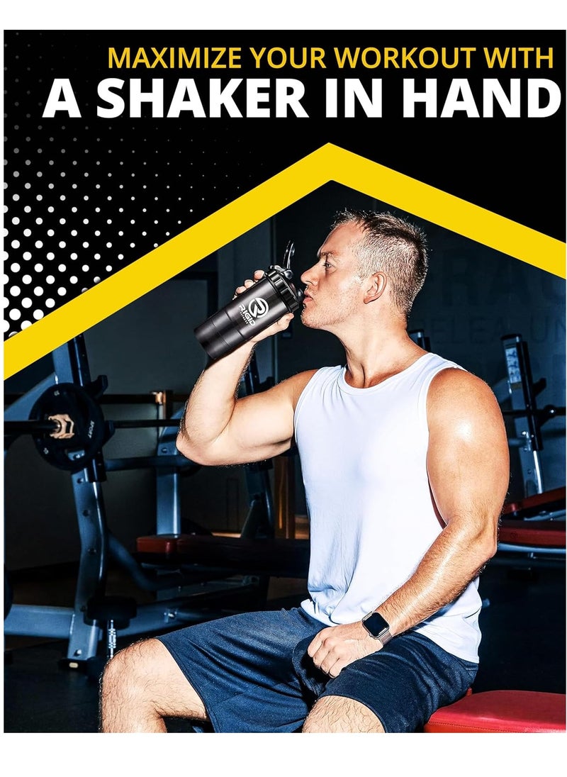 Protein Shakers (2-Pack of 500ml) - Leak-Proof Shaker with Compartments for Powder & Pill Storage - Transparent Mixer - Healthy BPA Free Bottle - Ideal for Exercises (Black/Transparent)