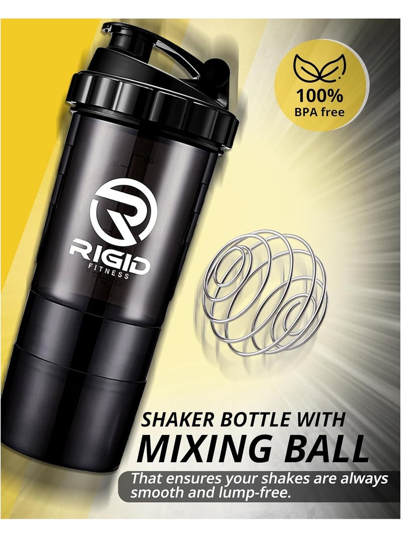 Protein Shakers (2-Pack of 500ml) - Leak-Proof Shaker with Compartments for Powder & Pill Storage - Transparent Mixer - Healthy BPA Free Bottle - Ideal for Exercises (Black/Transparent)