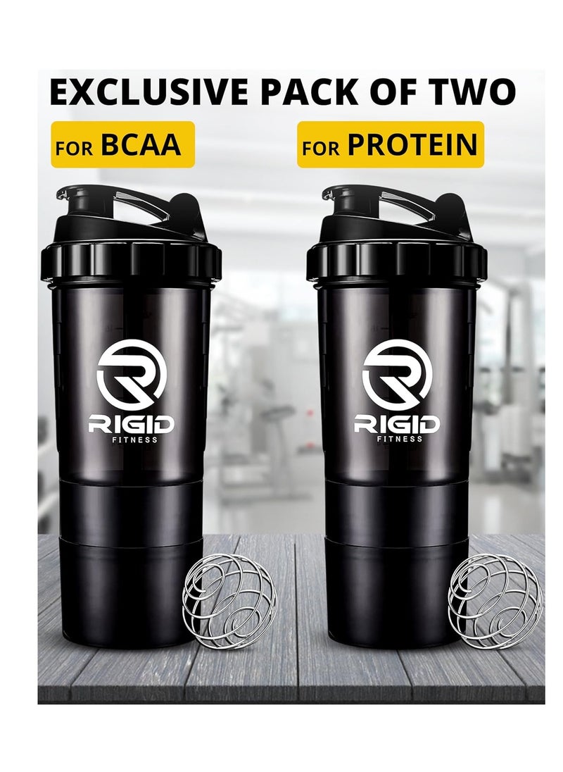 RIGID FITNESS Protein Shakers (2-Pack of 500ml) - Leak-Proof Shaker with Compartments for Powder & Pill Storage - Transparent Mixer - Healthy BPA Free Bottle - Ideal for Exercises (Black/Transparent)  - Image 3
