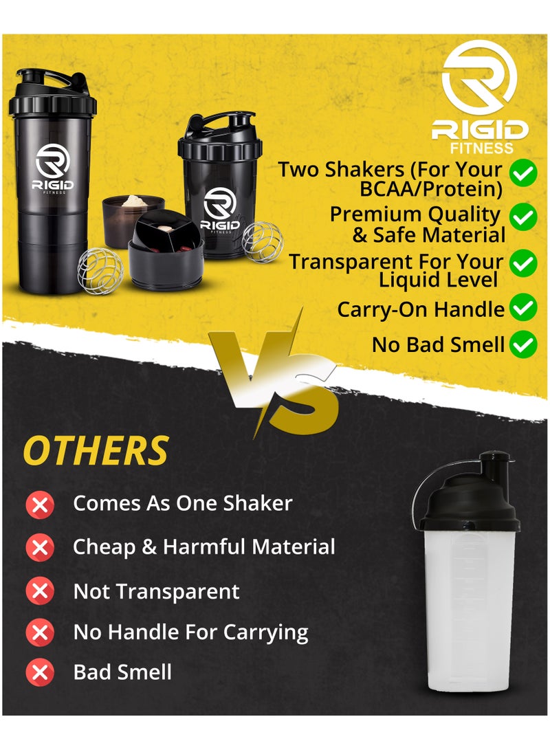 ريجيد فيتنس شيكر البروتين (عبوتان سعة 500 مل) - شيكر مانع للتسرب مع حجيرات لتخزين البودرة والحبوب - خلاط شفاف - زجاجة صحية خالية من مادة بيسفينول أ - مثالية للتمارين (أسود/شفاف) - Image 2