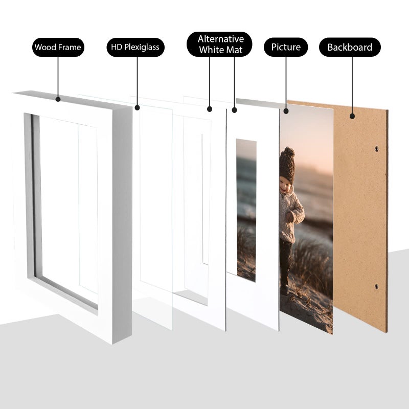 KINLINK إطارات كينلينك A4 صورة أطر خشب صلبة بيضاء مع زجاج شبكي أكريليك للصور A5 مع حصيرة أو A4 بدون حصيرة على الطاولة وإطار صورة عرض الجدار 4 حزمة - Image 2