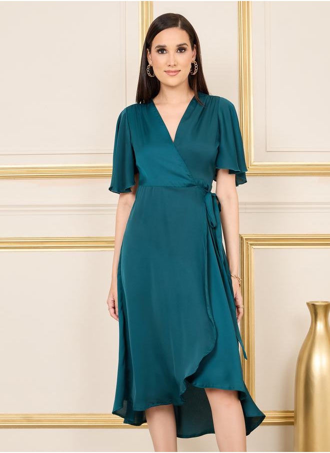 Styli - Satin Asymmetric Hem Wrap Midi Dress - Image 1