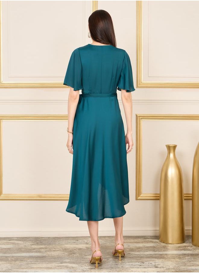 Styli - Satin Asymmetric Hem Wrap Midi Dress - Image 1