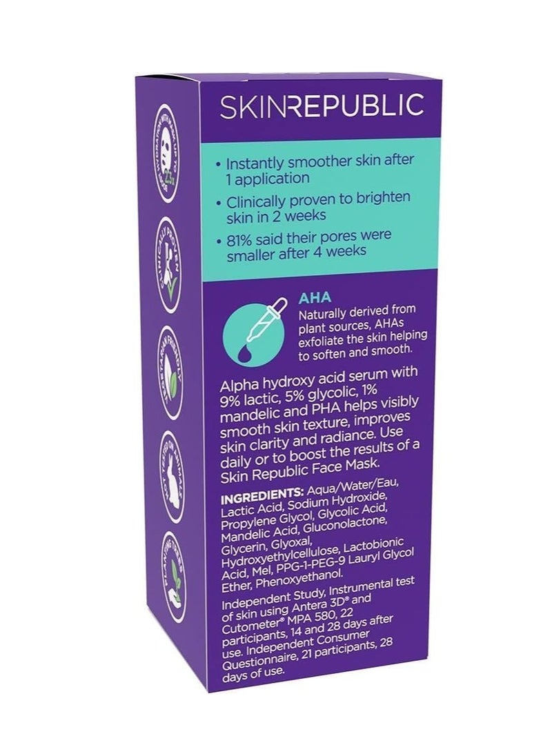 SKIN REPUBLIC - AHA 15% + PHA Face Serum, 30ml – Exfoliates, Smooths & Brightens Skin in 2 Weeks, Minimizes Pores & Roughness, Improves Texture & Radiance with Lactic, Glycolic & Mandelic Acids - Image 1