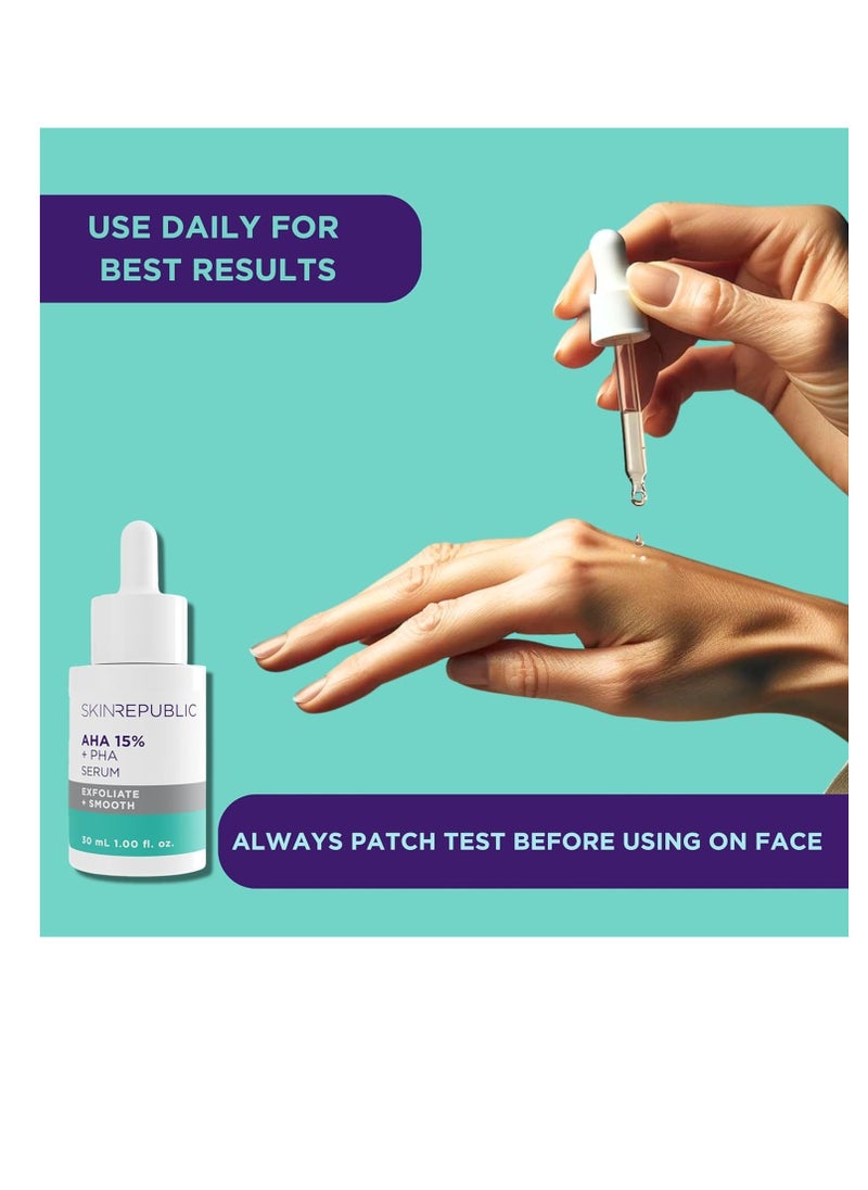 SKIN REPUBLIC - AHA 15% + PHA Face Serum, 30ml – Exfoliates, Smooths & Brightens Skin in 2 Weeks, Minimizes Pores & Roughness, Improves Texture & Radiance with Lactic, Glycolic & Mandelic Acids - Image 1