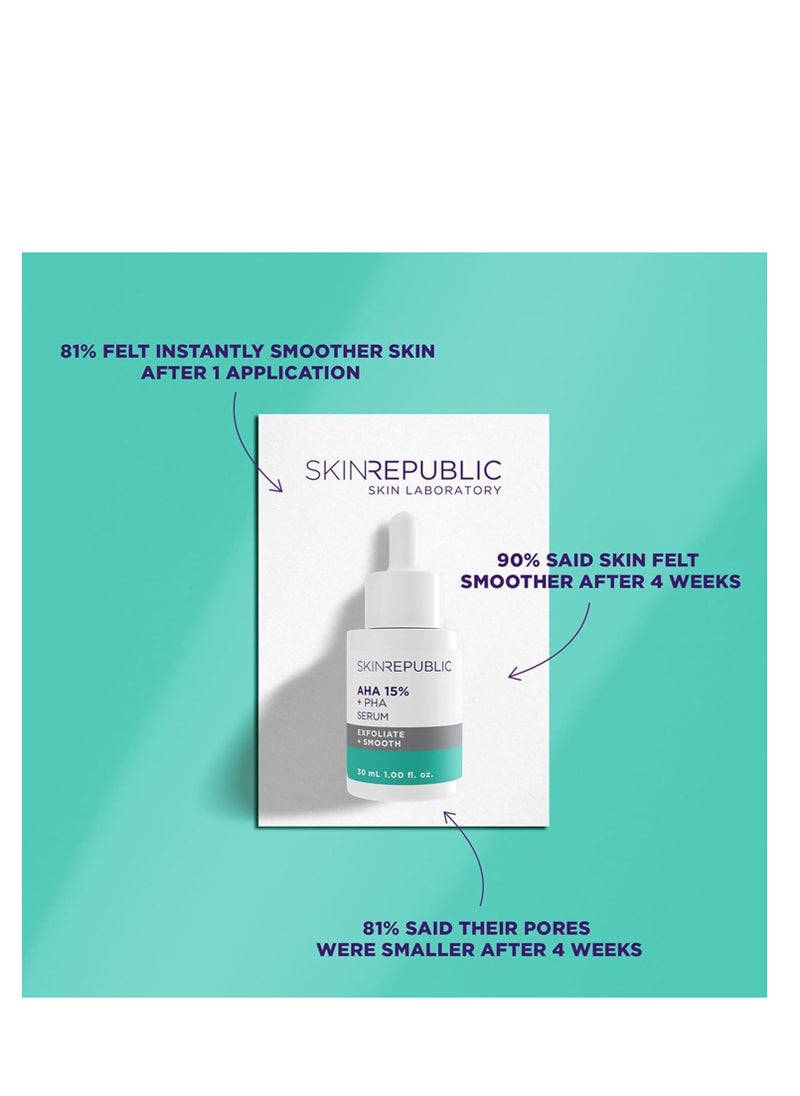 SKIN REPUBLIC - AHA 15% + PHA Face Serum, 30ml – Exfoliates, Smooths & Brightens Skin in 2 Weeks, Minimizes Pores & Roughness, Improves Texture & Radiance with Lactic, Glycolic & Mandelic Acids - Image 1